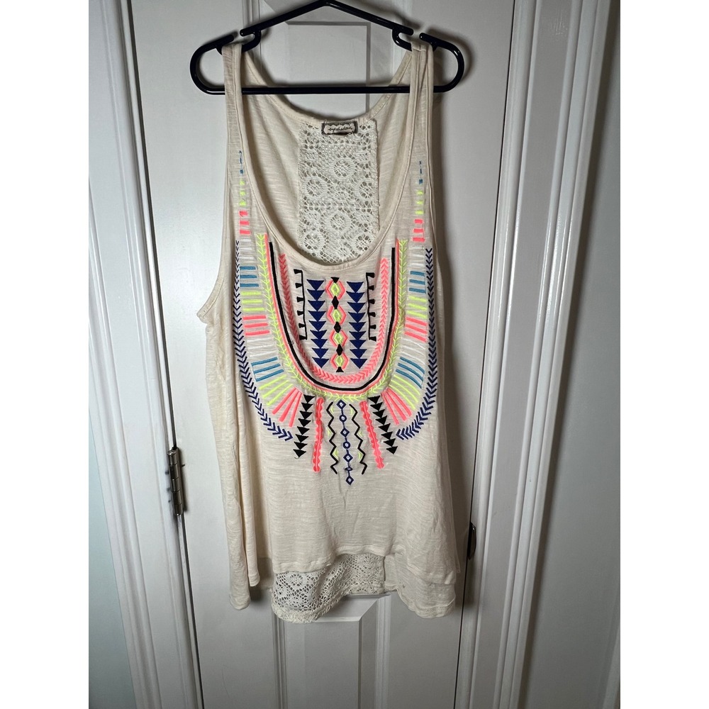 Eyeshadow Women Cream Neon Embroidered Crochet Lace Back Tank Top Large J3010MQF